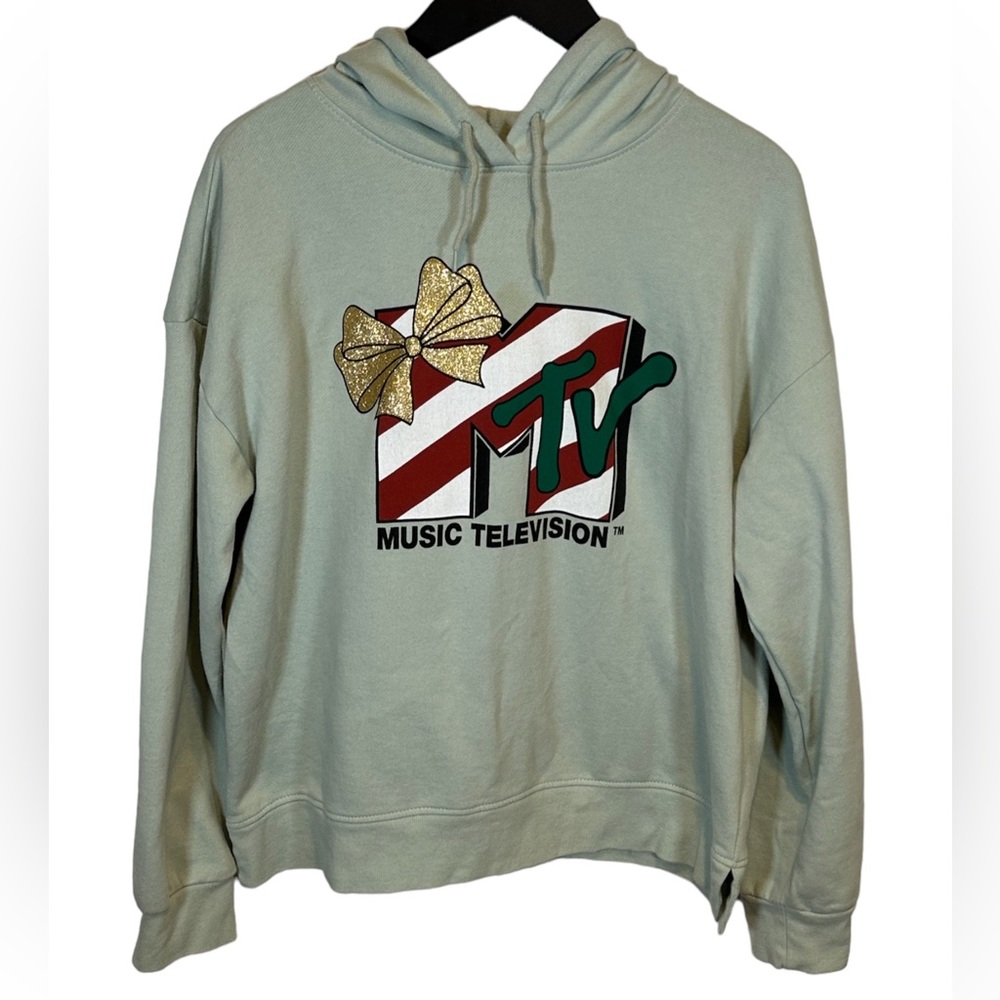 MTV Light Sage Green Christmas Holiday Hoodie Sweatshirt Extra Large